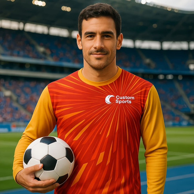 A man in a long-sleeved red and yellow sports shirt holds a soccer ball, standing on a field with stadium seating in the background.