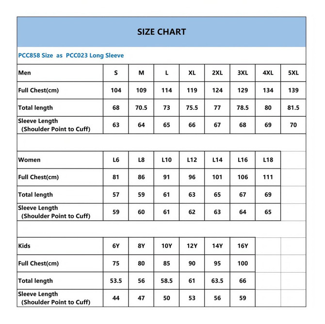 A size chart for unisex long sleeve V-neck shirts, detailing measurements for men, women, and kids.