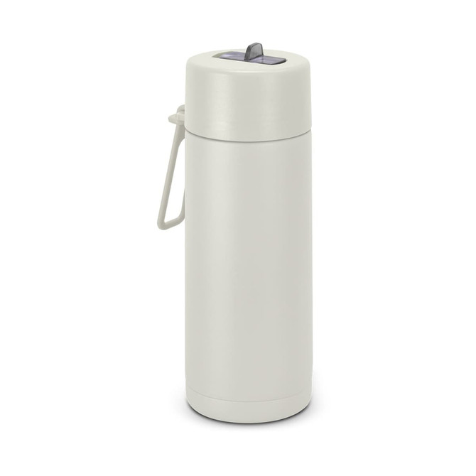 A drink bottle in light grey, featuring a lid and a handle, with a logo on the side. Holds 600ml.