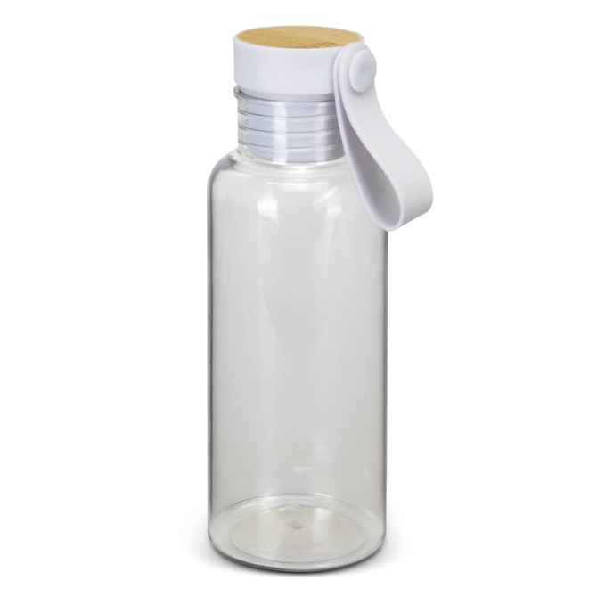 A drink bottle made of clear material with a white cap and a wooden top. It features a loop for easy carrying.