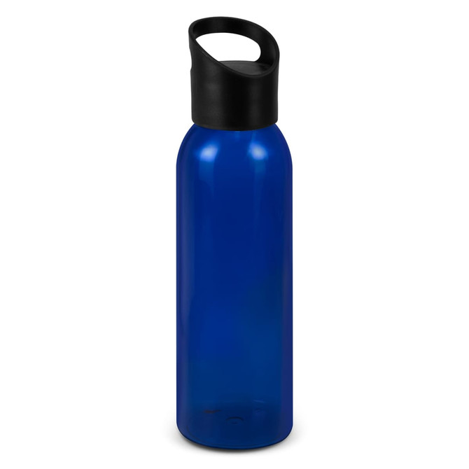 A drink bottle with a blue body and a black lid, featuring a fitness-friendly design and a logo.