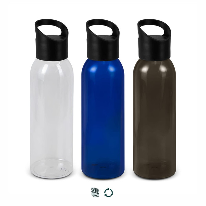 A drink bottle collection featuring clear, blue, and dark grey bottles, each with a black lid and carry handle.