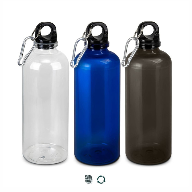 A drink bottle in clear, blue, and dark grey, featuring a black cap and a carabiner clip with branding.