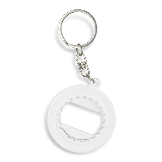 A drink bottle opener key ring in white with a circular design and a metal keychain attachment.
