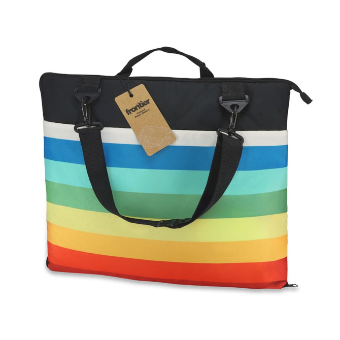 A picnic blanket with a striped design in blue, green, and red hues, featuring a black carrying handle and straps.