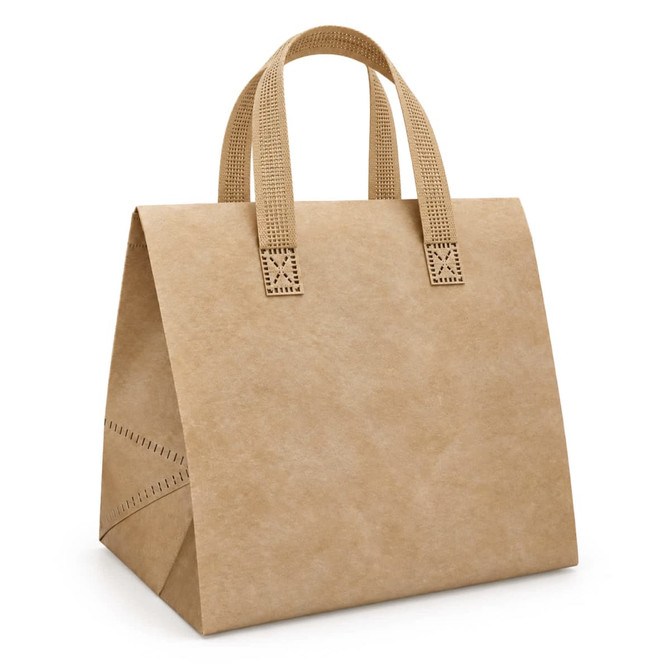 A tan cooler bag with patterned handles, featuring a structured design and a branded logo.