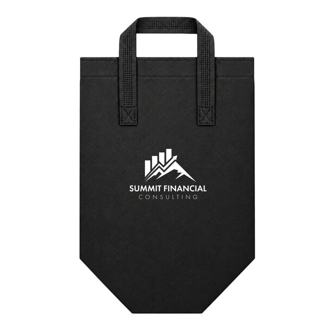 A black cooler bag with two handles and a logo at the front, featuring a mountain design.
