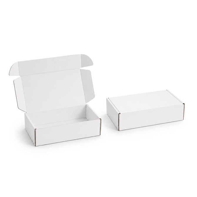 A white cardboard box with a locking lid, measuring 290 x 175 x 60mm, displayed open and closed.