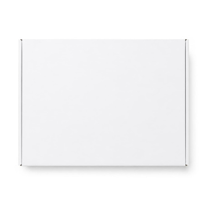 A white custom box with a locking lid, measuring 360 x 305 x 105mm, featuring a simple design.