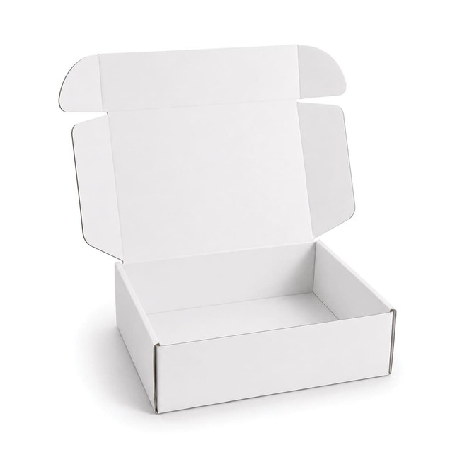 A white cardboard box with a locking lid, measuring 360 x 305 x 105mm, with an open top and flaps.