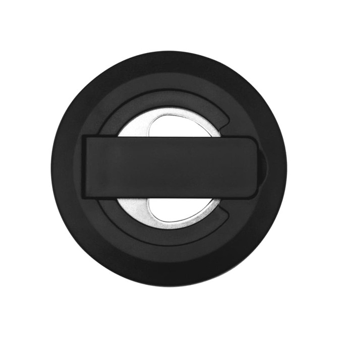 A black recycled plastic magnetic phone stand featuring a bottle opener. It has a circular design with a metallic opener.