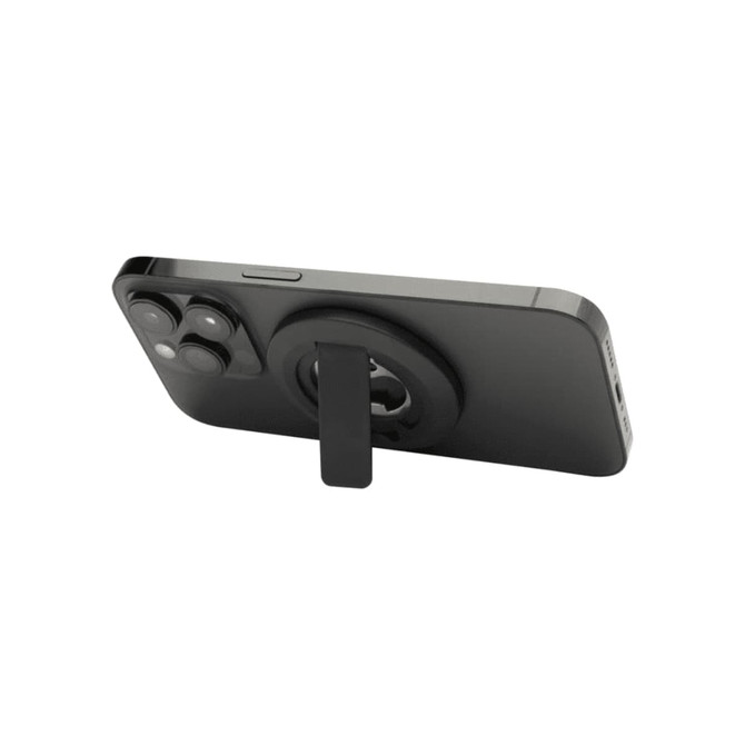 A black magnetic phone stand made from recycled plastic, featuring a bottle opener and a pull-out stand mechanism.