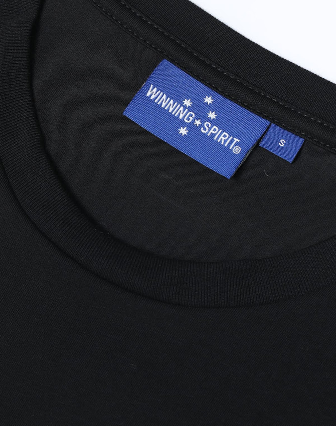 A black premium cotton short-sleeve tee shirt featuring a branded tag.