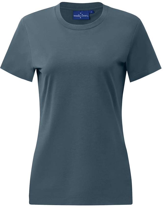 A premium cotton short-sleeve tee shirt in a teal colour, featuring a plain design and a logo on the label.