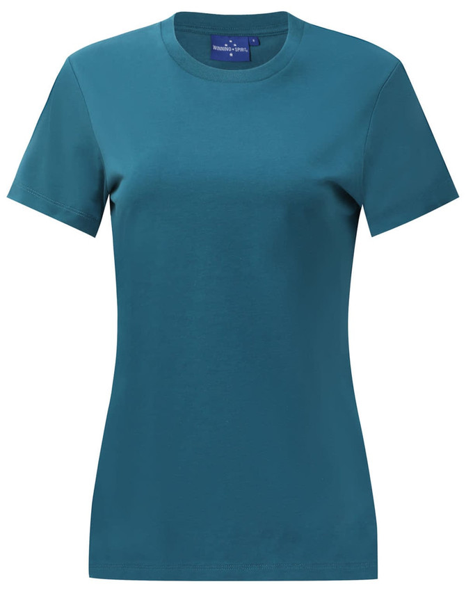 A teal short-sleeved women's premium cotton tee shirt with a round neckline and a logo on the label.