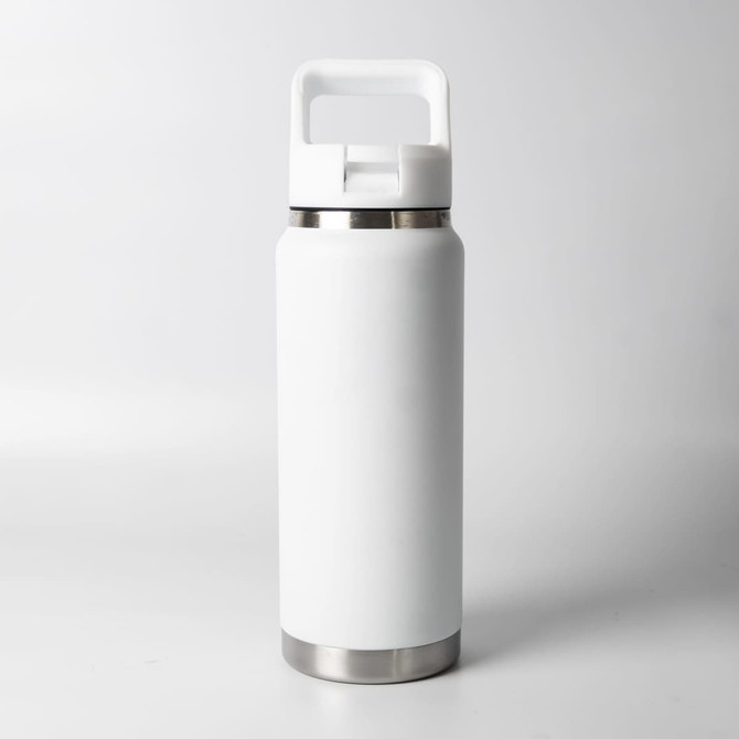A drink bottle in matte white with a stainless steel base and a handle for easy carrying.