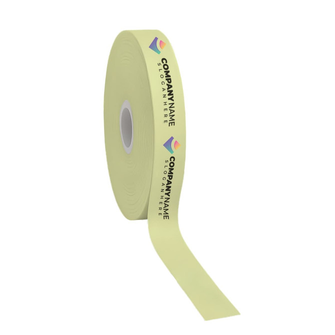 A roll of yellow satin polyester ribbon featuring a logo and full colour printing.