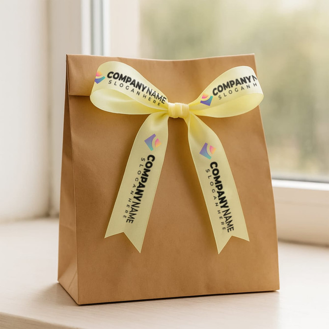 A brown gift bag adorned with a yellow satin ribbon featuring a logo and text.