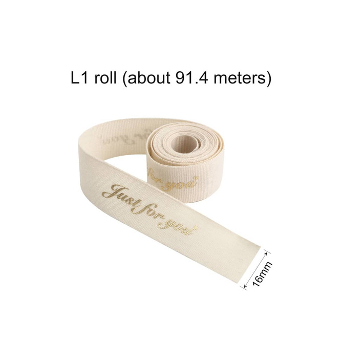 A roll of cream-coloured cotton ribbon, approximately 91.4 metres long, featuring a gold hot stamped message.