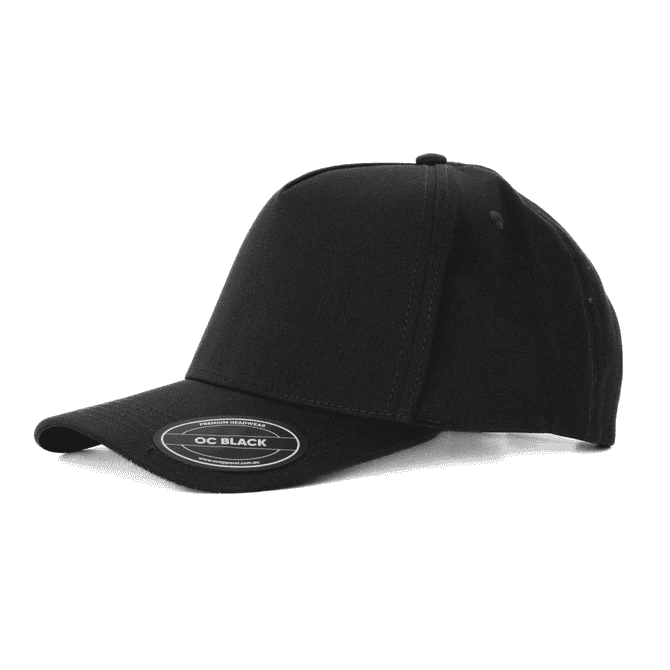 A black Prado 5 Panel Cotton Cap featuring a Velcro closure and a visible brand logo.