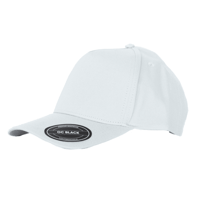 A white cotton cap featuring a 5-panel design and a Velcro closure, along with a logo.
