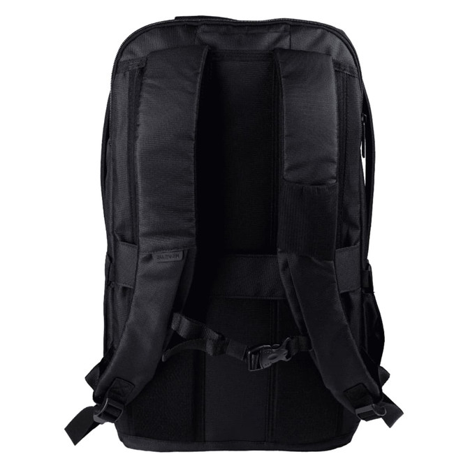 A black backpack with adjustable straps and a padded back, featuring a branding logo.