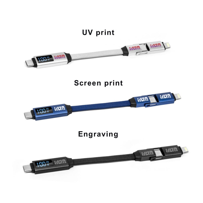 A 100W 3-In-1 aluminium charging cable in white, blue, and black featuring a digital display and logo.