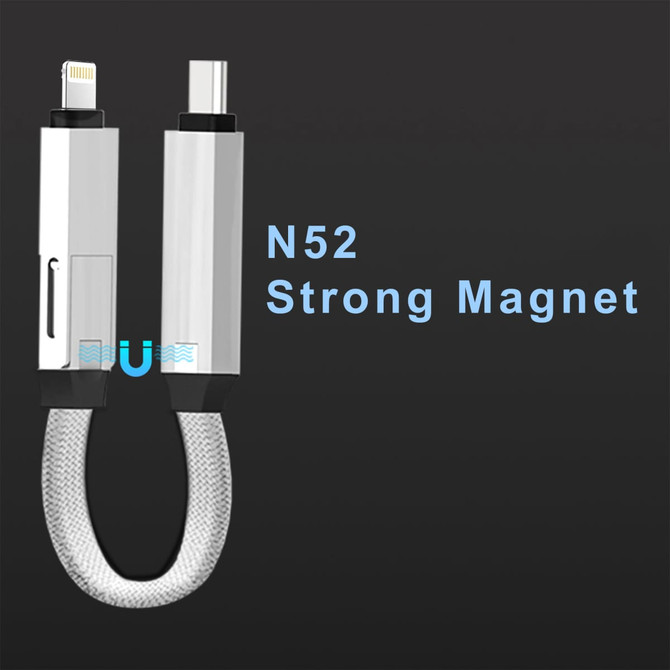 A 100W 3-in-1 aluminium charging cable with a silver finish and strong magnets, featuring multiple connectors.