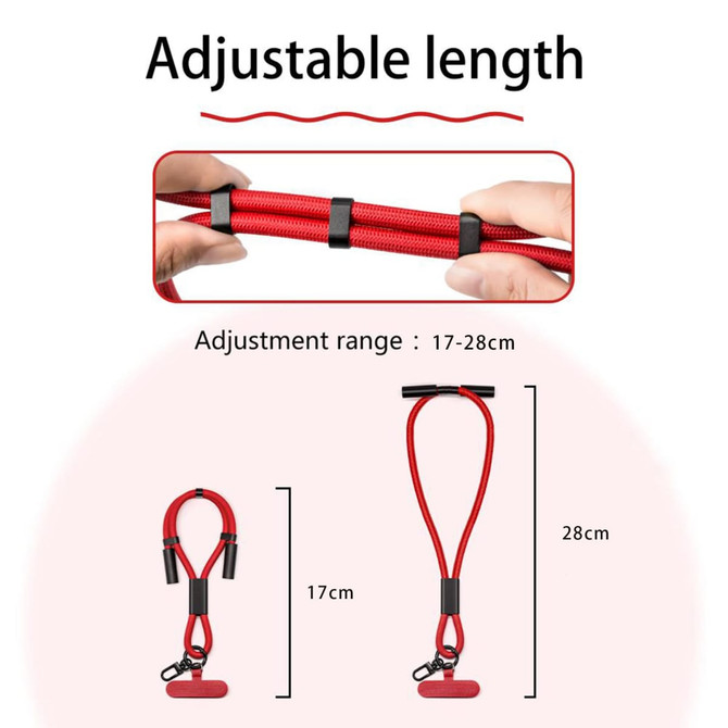 A red adjustable phone strap features metal clips and has an adjustment range of 17-28 cm in length.
