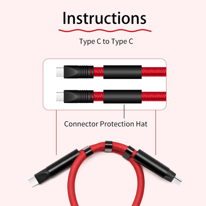 A red Type C to Type C charging cable with connector protection hats on both ends, displayed on a light background.