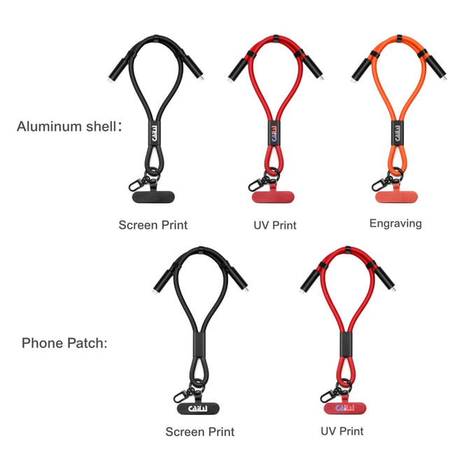 A collection of 60W charging phone straps in black, red, and orange, featuring an aluminium shell and phone patch.