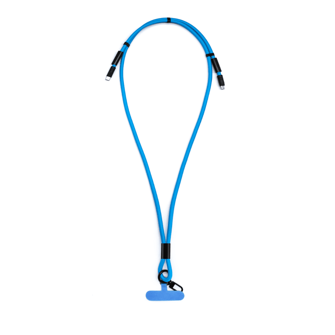A blue charging phone lanyard with dual connectors and a secure attachment at the bottom. It features a logo.