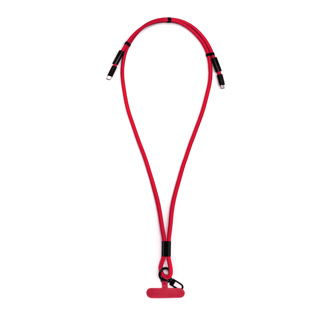A red charging phone lanyard with connectors at both ends and a secure attachment point. It features a logo.