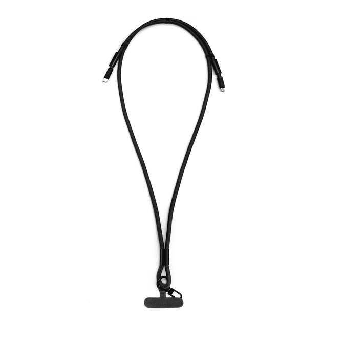 A black charging phone lanyard featuring two connectors for charging devices. It has a minimalist design with a logo.