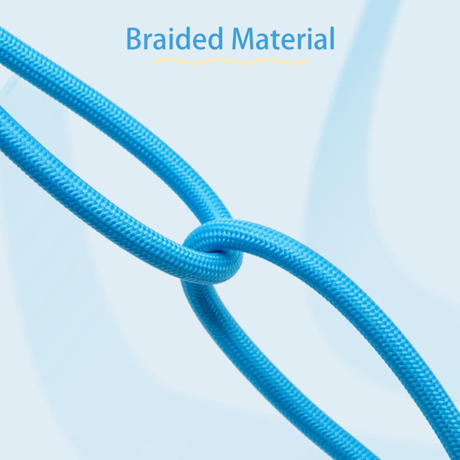 A close-up of a blue braided charging cable, showcasing its textured material and intricate knot design.