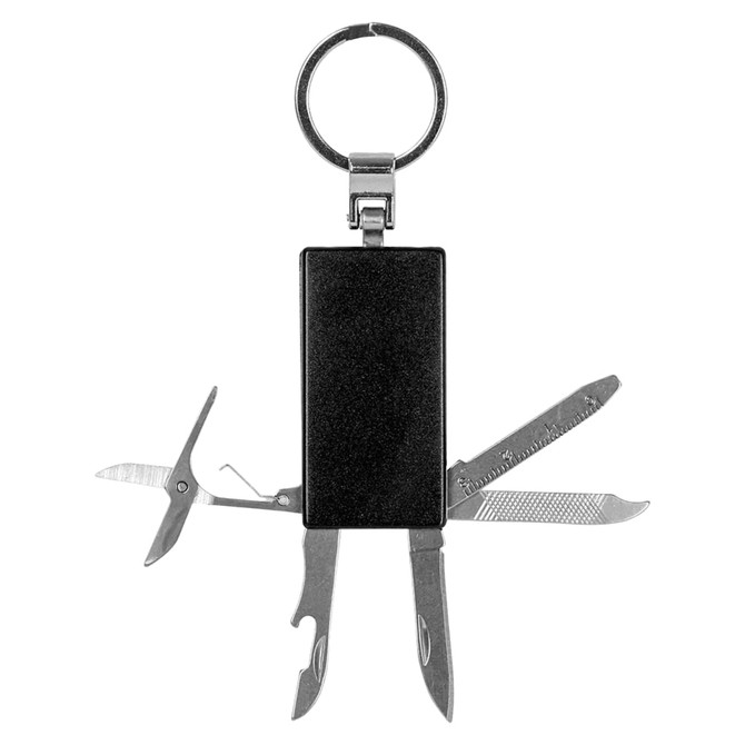 A black multi-tool keyring with various metal tools extending from a rectangular body, featuring a metal keyring.