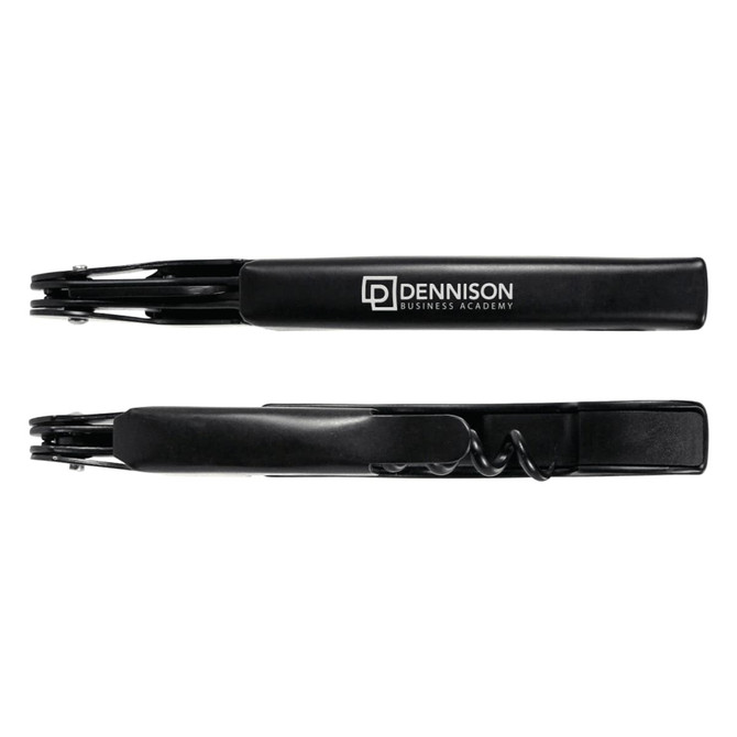 A black wine waiter's knife featuring a corkscrew and a logo. It has a sleek design suitable for elegant settings.