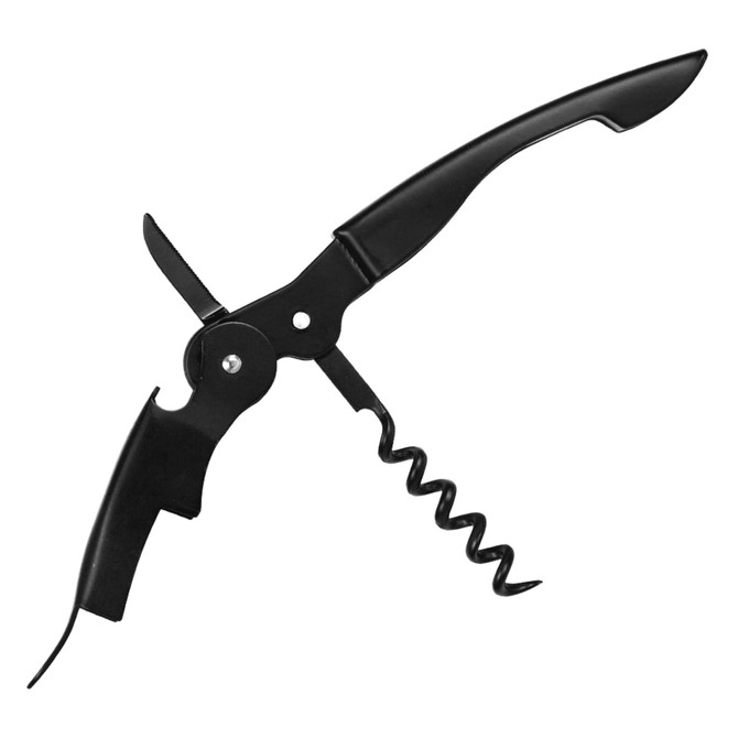 A black Premium Wine Waiters Knife featuring a corkscrew, knife, and bottle opener components.