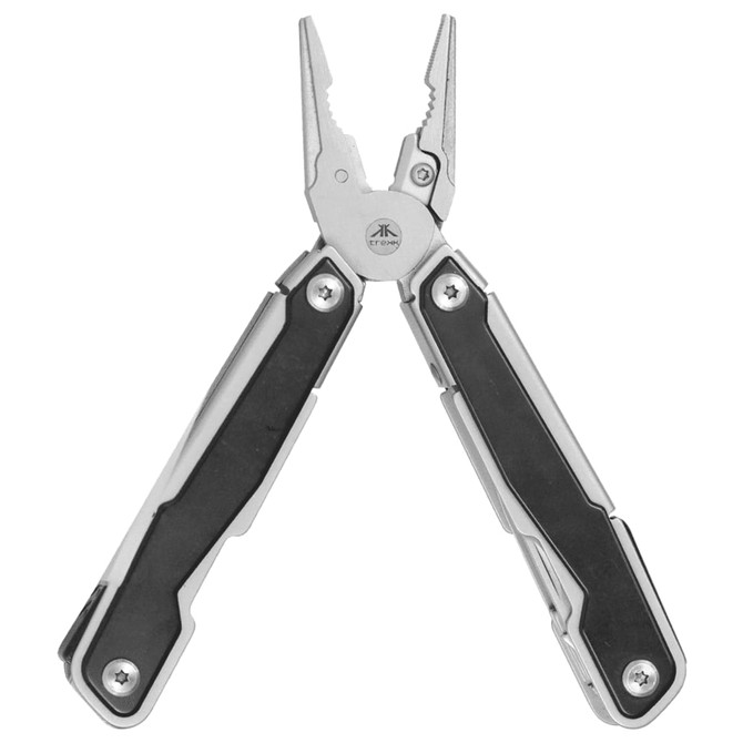A multifunction tool with a silver and black design, featuring pliers and multiple tools in a compact form.