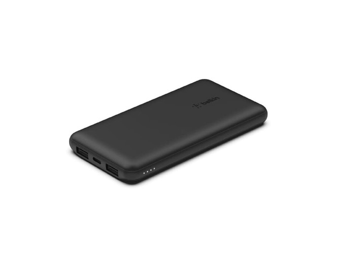 A black power bank with two USB ports and LED indicators, featuring a sleek design and branding.