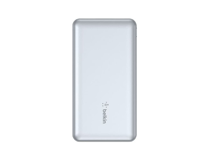 A silver power bank with a sleek design and a logo, featuring a USB cable.