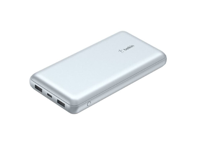 A silver power bank with two USB ports and a USB-C port, featuring a logo.