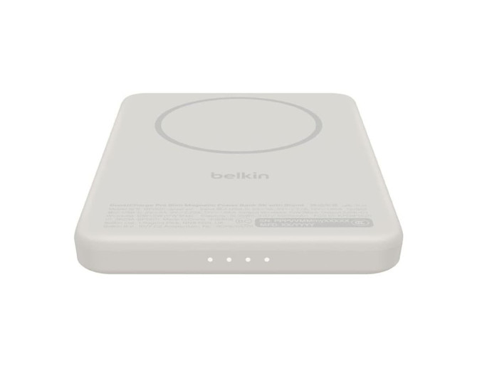 A slim, light grey magnetic power bank with a circular charging area and indicator lights, featuring a logo.