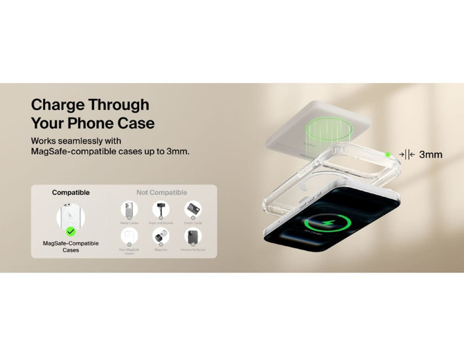 An illustration of a power bank charging a phone through a clear case, showcasing compatibility with MagSafe.