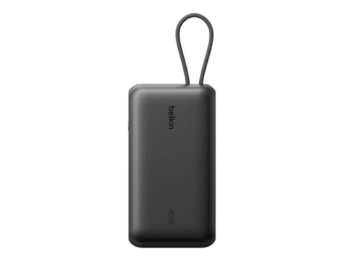 A black power bank with an integrated cable and a display, featuring a loop for easy carrying.