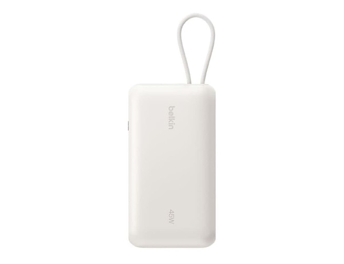 A white power bank with an integrated cable and display, featuring a loop for easy carrying. It also has a logo.
