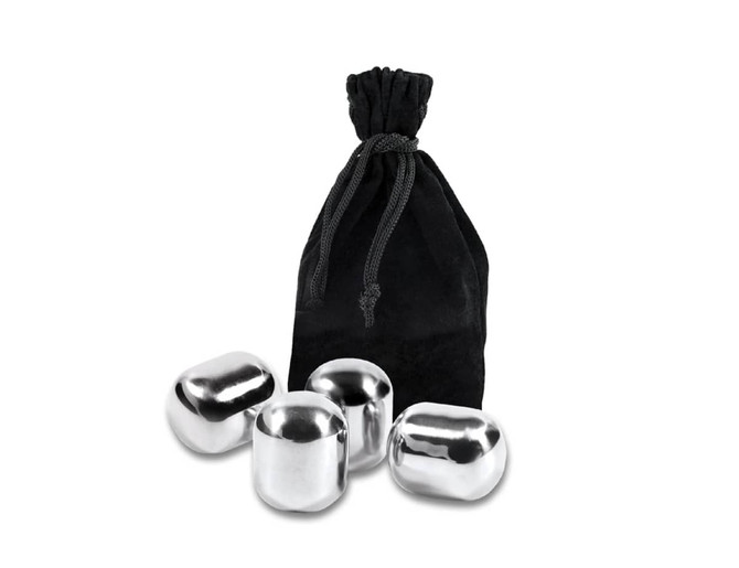 A set of four stainless steel wine pearls in a black velvet pouch.