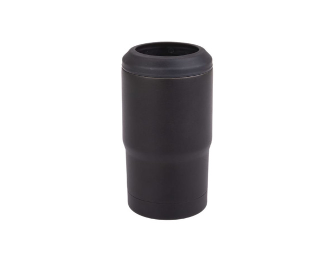 A drink bottle in matte black with a cylindrical design, featuring a top opening and a smooth, sleek finish.