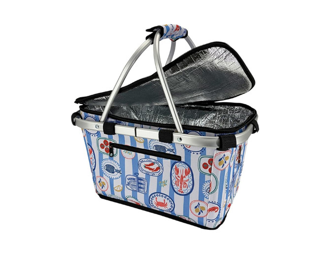 An insulated carry basket with a lid, featuring a blue and white pattern and silver handles.