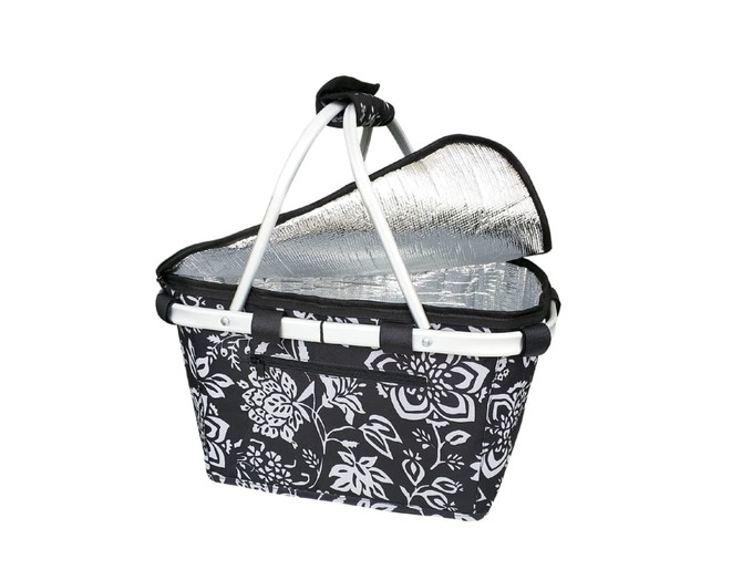 A black and white floral insulated carry basket with a lid and silver lining. It features sturdy handles.
